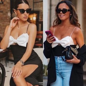 Zara Size XL Black White Bow Front Bodysuit Minimalist Snap Closure Thong CutOut